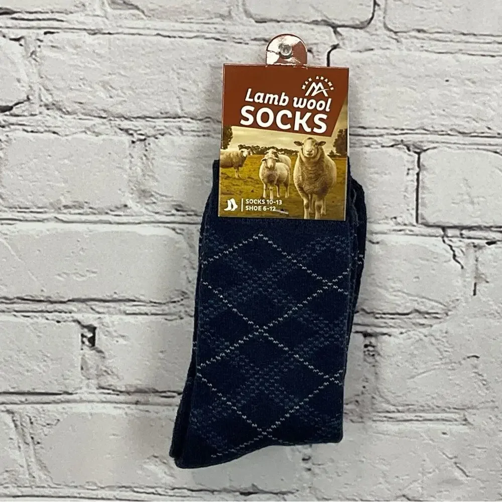 Max Adams Lamb Wool Socks Men's Size 10-13 Blue/Gray Diamond 2 Pair Casual Comfy